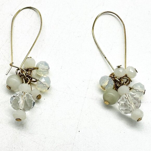 Gold Tone Drop Earrings White Bead Cluster Clear Crystal Dangle Modern - Picture 4 of 10